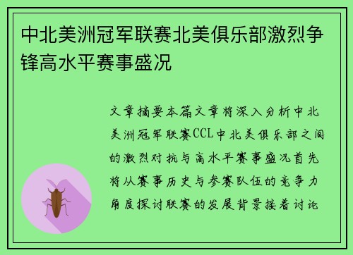 中北美洲冠军联赛北美俱乐部激烈争锋高水平赛事盛况
