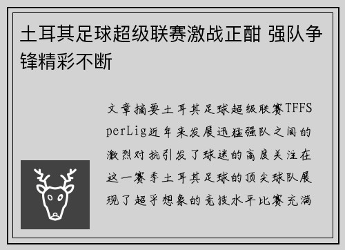 土耳其足球超级联赛激战正酣 强队争锋精彩不断