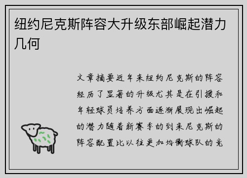 纽约尼克斯阵容大升级东部崛起潜力几何